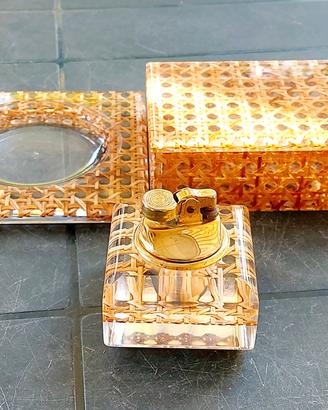 Set da Fumo Vintage Anni '70 in Lucite e Paglia di