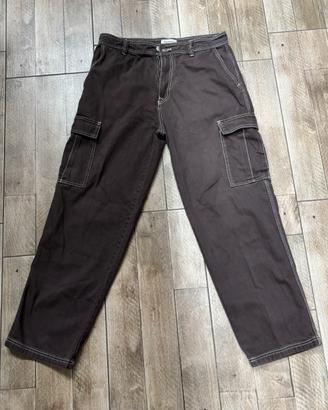 Jeans Uomo Cargo Marroni con Cuciture a Contrast
