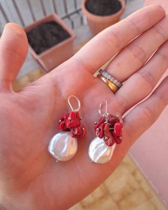 Orecchini in argento 925 corallo rosso, perle 