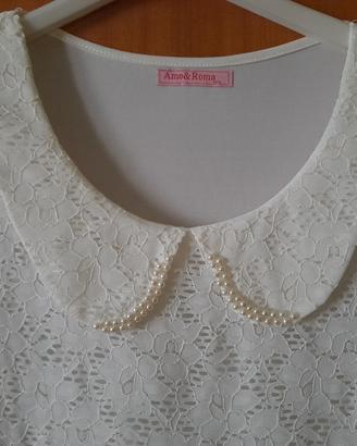 Abito vestito corto bianco colletto in perline M/L
