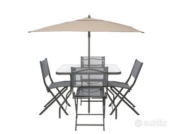Set tavolo con ombrellone e 4 sedie pieghevoli