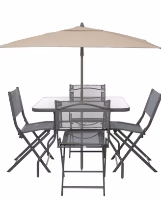 Set tavolo con ombrellone e 4 sedie pieghevoli