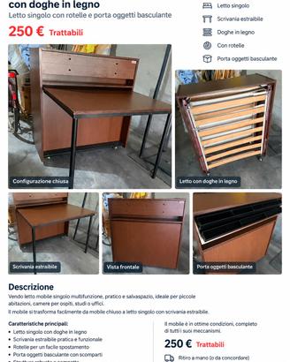letto mobile singolo con scrivania e doghe legno