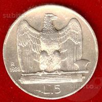 ITALIA 1928 Moneta 5 lire Argento SPL