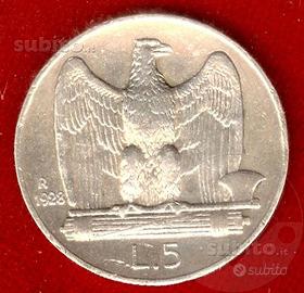 ITALIA 1928 Moneta 5 lire Argento SPL