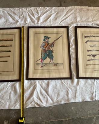 Trittico quadri stampe antiche militari cannoni