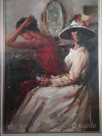 QUADRO DAME FIRMATO VINTAGE CON CORNICE ARGENTO 