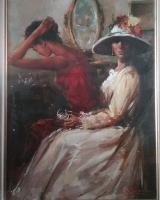 QUADRO DAME FIRMATO VINTAGE CON CORNICE ARGENTO 