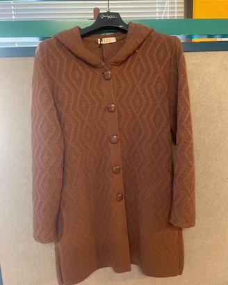 Cardigan lungo donna marrone con cappuccio lana