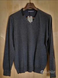 Pullover uomo scollo V grigio toppe decorative