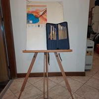 treppiede pittura, tela e pennelli