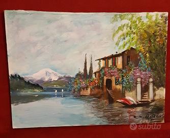 Olio su tela - Casa sul lago