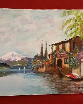 Olio su tela - Casa sul lago