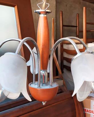 Lampadario 5 luci in legno e metallo con paralumi