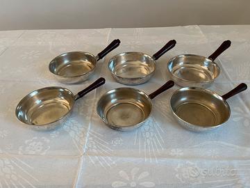 6 Casseruoline Sheffield Vintage Metallo e Legno