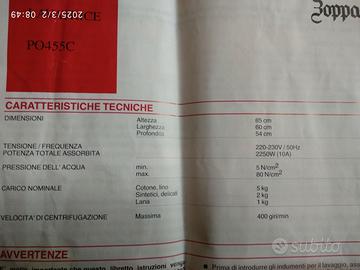 lavatrice ZOPPASPO 455C  per riparazione o ricambi
