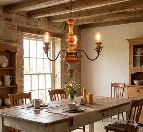 Lampadario Legno e ferro battuto Country vintage 
