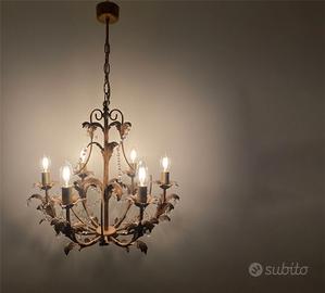 Lampadario ottone dorato a 6 luci con cristalli