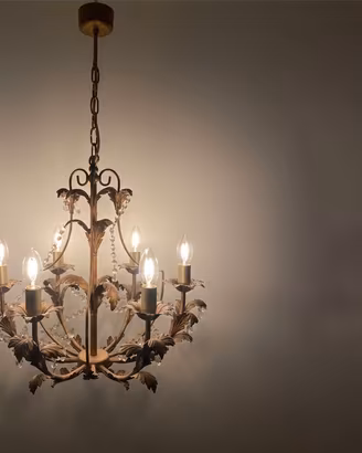 Lampadario ottone dorato a 6 luci con cristalli