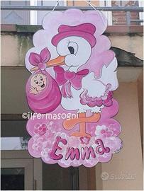 Cicogna annuncio nascita in legno impermeabile