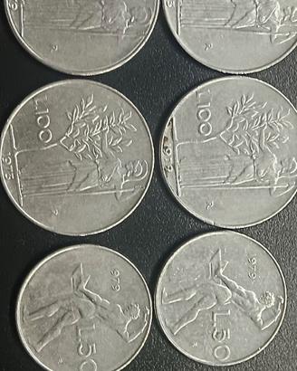 Set di 6 monete da 100 e 50 Lire