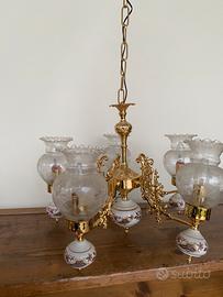 Lampadario vintage anni 50 oro e ceramica