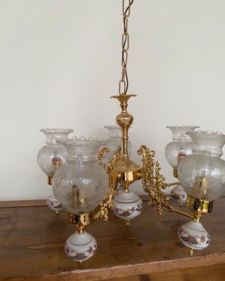 Lampadario vintage anni 50 oro e ceramica