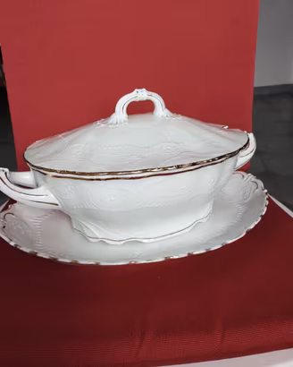 zuppiera bianca con filo oro più piatto 