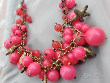 Collana bigiotteria perle rosa e charm marini