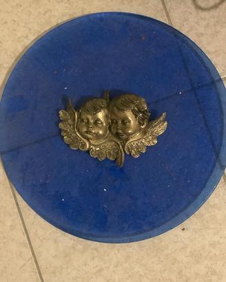 Piatto vetro blu cobalto e cherubini XIX secolo