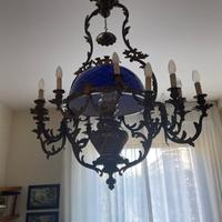 LAMPADARIO BRONZO E VETRO BLU