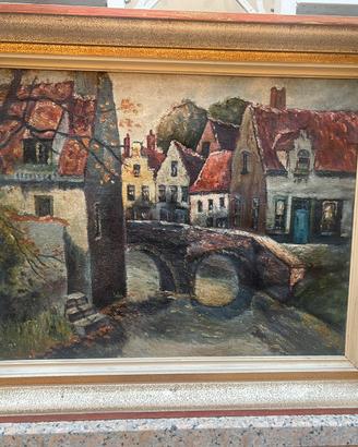 Veduta di Bruges, olio vintage europeo