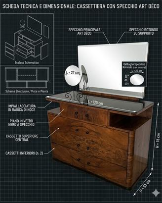 Cassettiera Specchio ‘900 in legno noce pregiato