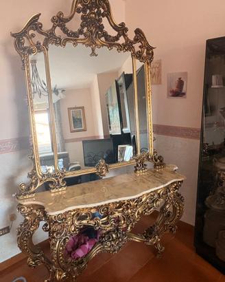 Consolle barocca con specchio e piano marmo vero