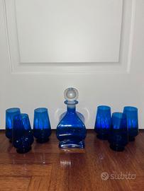 Set da liquore vintage blu cobalto + 6 bicchieri 