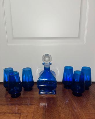 Set da liquore vintage blu cobalto + 6 bicchieri 