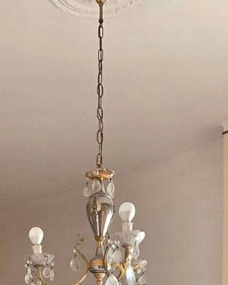 Lampadario Vintage in Cristallo e Ottone Dorato co