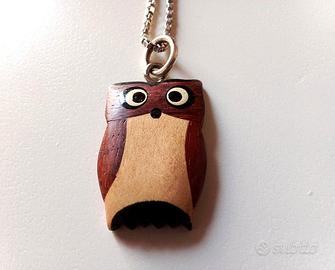 CATENINA ARGENTO 925 E GUFETTO PORTAFORTUNA  LEGNO