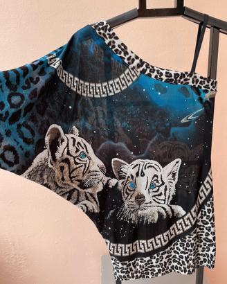 Top Monospalla, Tigre, Strass, Vintage (S/M)