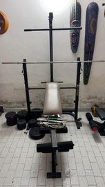 Palestra Weider, pesi, bilanciere e panchetta