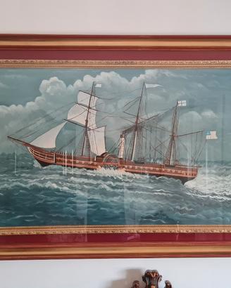 Dipinto Marina d'Epoca con Veliero a Ruote