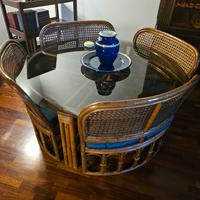 Tavolo rotondo in rattan e cristallo