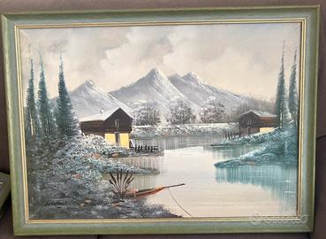 Quadro vintage paesaggio montano con Baite