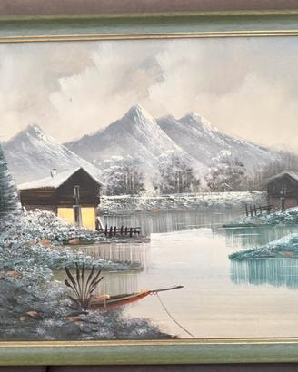 Quadro vintage paesaggio montano con Baite