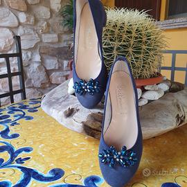 Ballerine blu con strass in vera pelle (crosta) 38