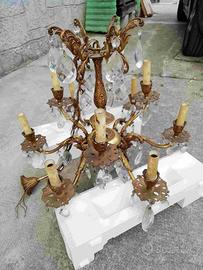Lampadario vintage 9 luci in ottone e gocce di cri