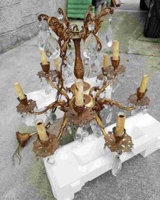 Lampadario vintage 9 luci in ottone e gocce di cri