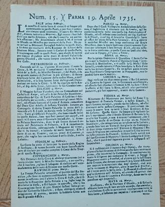 ANNI 1735 / 1745 COPIA 1° PAGINA GAZZETTA DI PARMA