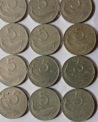  12 monete usate Rep. Italiana  lire 5 anno 1954 