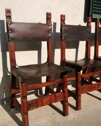 blocco di 7 sedie stile spagnolo in cuoio